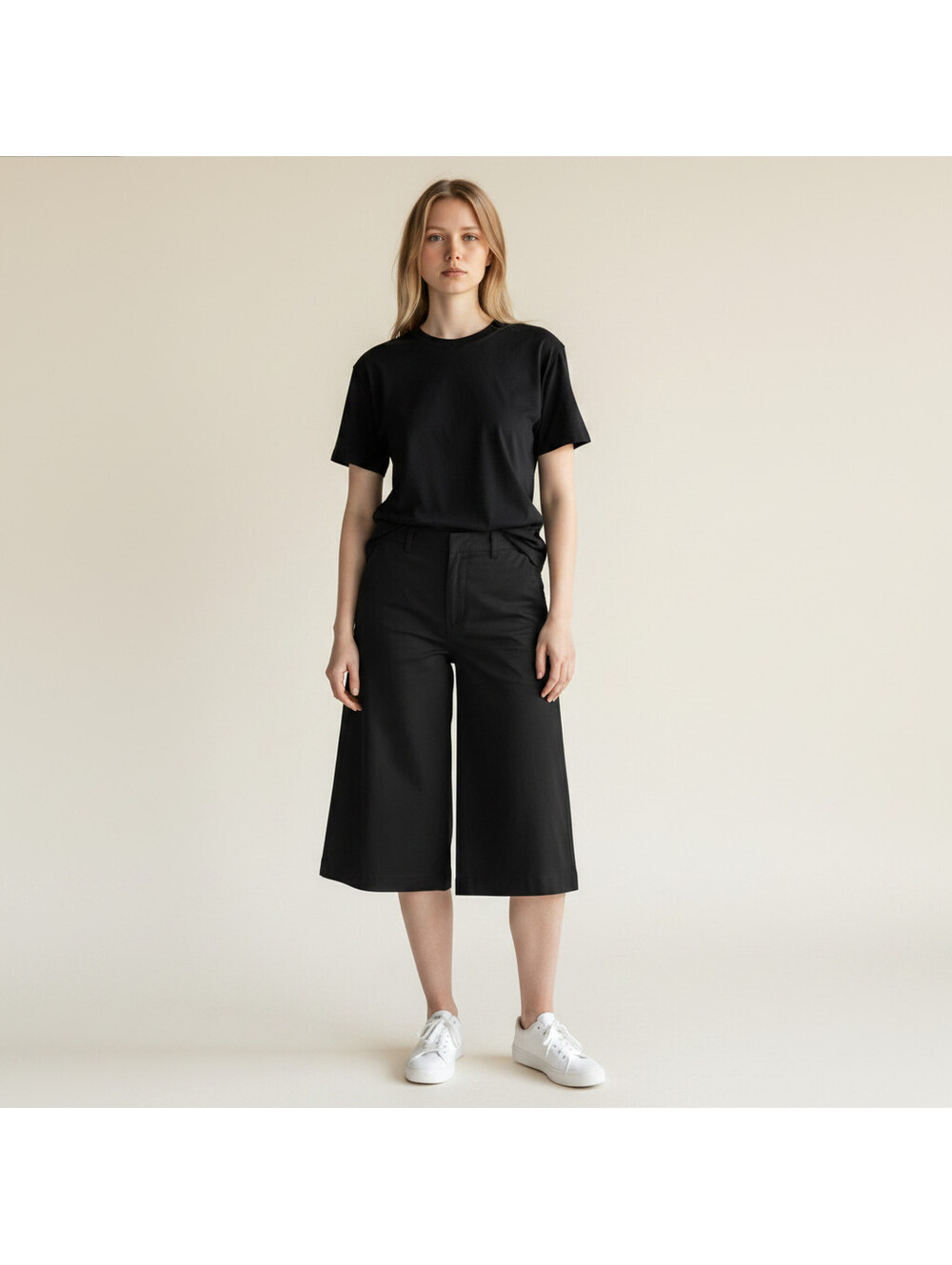 Ashley Stewart Cropped Pants Women 14 Black High Rise Flat Front Wide Leg Cotton